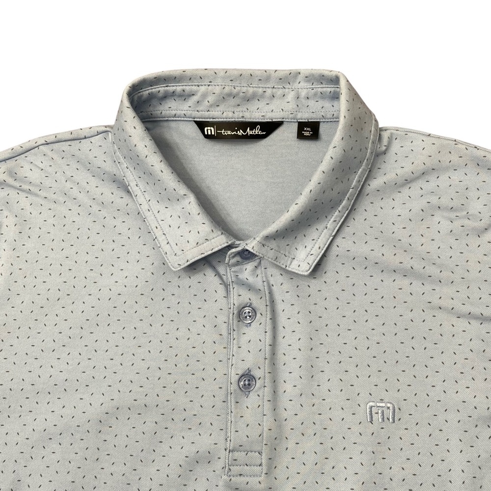 TravisMathew Polo Shirt Mens XXL Blue Micro Print Short Sleeve Pima Cotton Blend